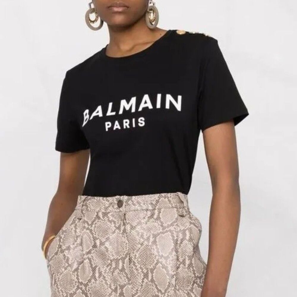 Balmain Paris Logo Print Button Detail T Shirt Womens FR 38 US 6 Cotton Black